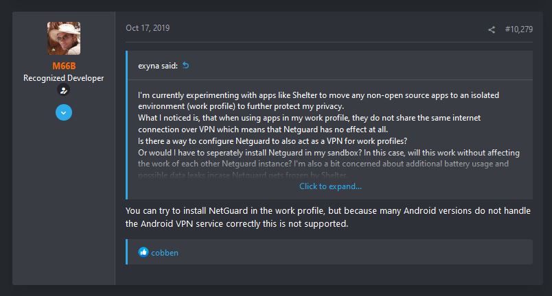 Screenshot. M66B saying that netguard has no work-profile support because "many Android versions do not handle the Android VPN service correctly".