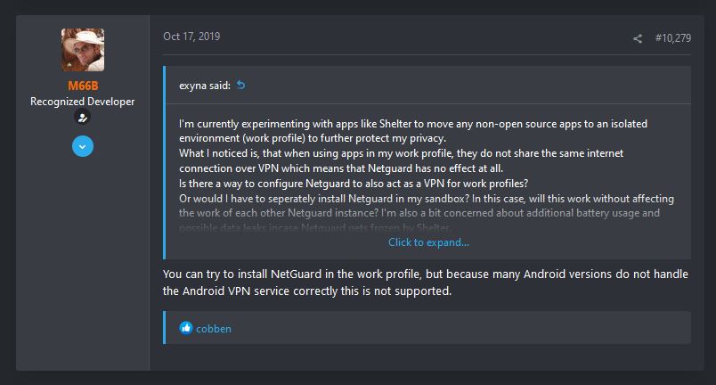 Screenshot. M66B saying that netguard has no work-profile support