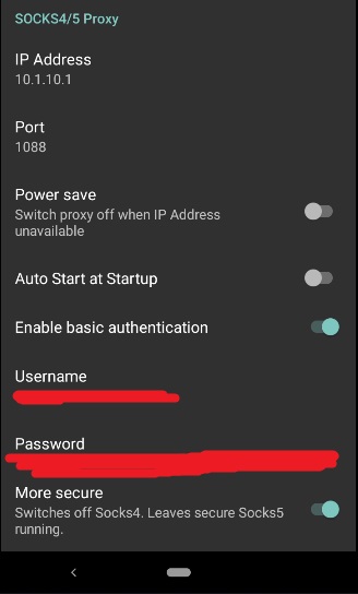 Screenshot of configuration for the SOCKS5 proxy in Every Proxy. IP Address: 10.1.10.1. Port: 1088. Power save: Off. Auto Start at startup: Off. Enable basic authentication: On. Username: redacted. Password: redacted. More secure: On. 