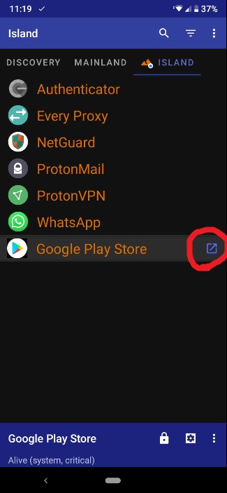 Screenshot of Launching the Google Playstore from within the Island app