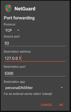 Screenshot of netguard configuration. Protocol: TCP. Destination address: 127.0.0.1. Destination port: 5300. Destination app: personalDNSFilter.