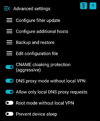 Screenshot of Advanced settings in personalDNSFilter. CNAME Cloaking protection: ON. DNS proxy mode without local VPN: ON. Allow only local DNS proxy requests: ON. Root mode without local VPN: OFF.