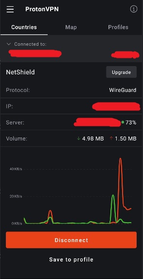 Screenshot of ProtonVPN with traffic coming through.